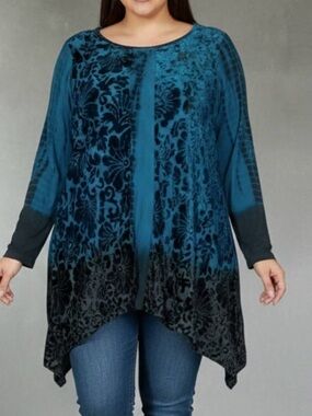 Chico’s Calessa burnout Velvet teal tie die asymmetrical hem longsleeve Top